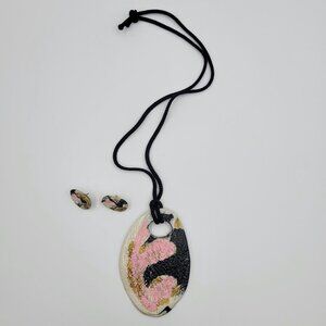 Vintage Clay Necklace And Earrings Pink Gray Black Corded Jewelry Costume Read